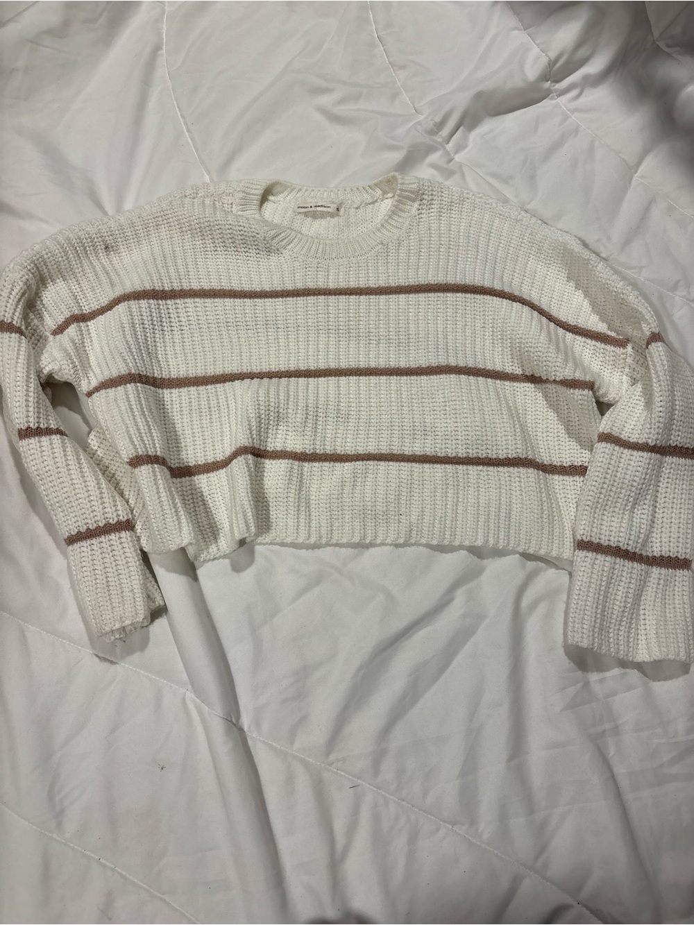 moon & madison Cream Cropped Crewneck Sweater with Brown Stripes size small